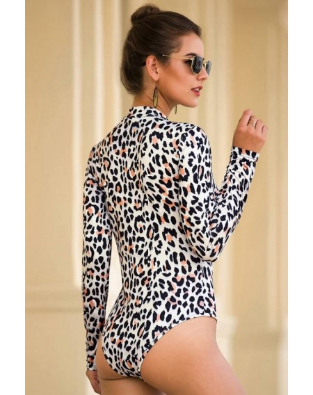 Leopard High Cut Mock Neck Long Sleeve Casual Bodysuit