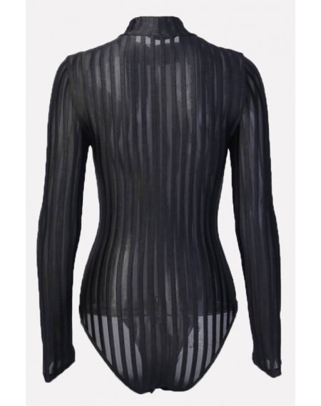 Black Stripe Mesh Mock Neck Long Sleeve Sexy Bodysuit