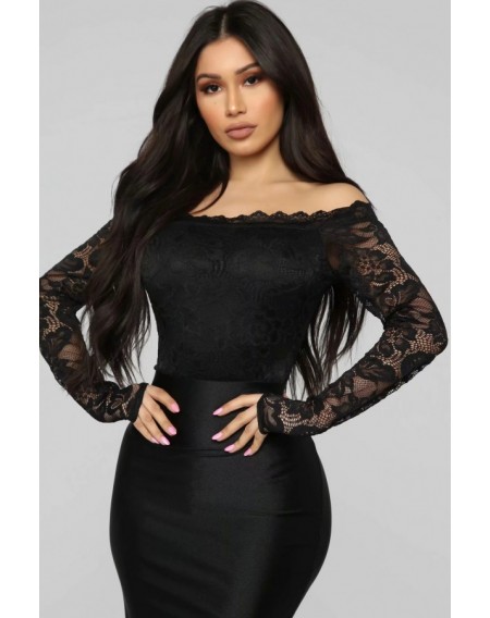 Black Lace Off Shoulder Long Sleeve Sexy Bodysuit