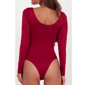 Dark-red High Cut Long Sleeve Casual Bodysuit