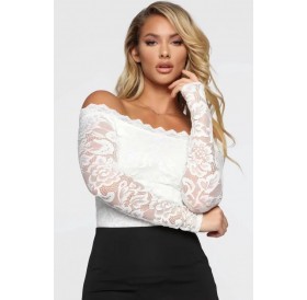 White Lace Off Shoulder Long Sleeve Sexy Bodysuit