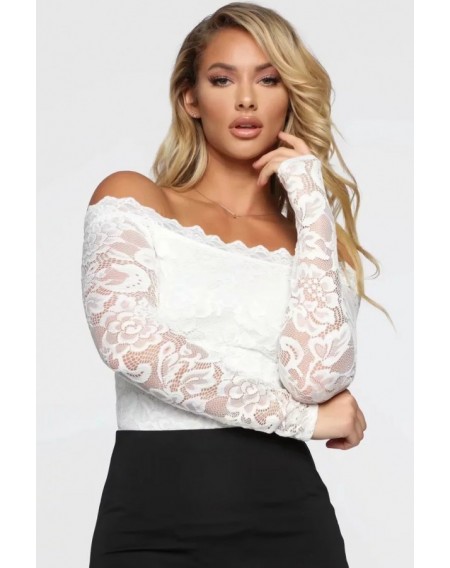 White Lace Off Shoulder Long Sleeve Sexy Bodysuit
