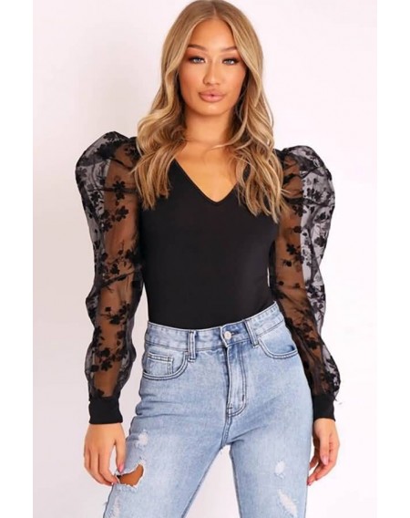 Black Mesh Splicing Floral Embroidery Sexy Bodysuit