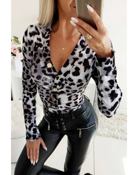 Gray Leopard Button Up V Neck Long Sleeve Sexy Bodysuit