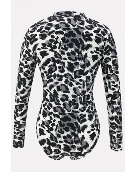 Gray Leopard Button Up V Neck Long Sleeve Sexy Bodysuit
