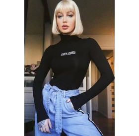 Letters High Collar Long Sleeve Casual Bodysuit