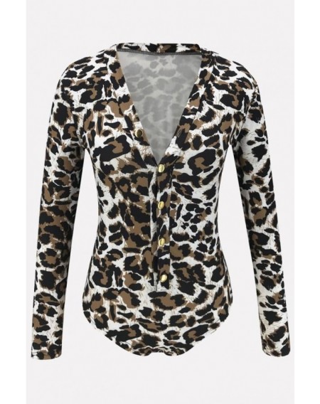 Khaki Leopard Button Up V Neck Long Sleeve Sexy Bodysuit