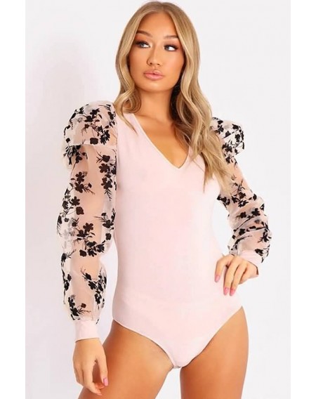 Light-pink Mesh Splicing Floral Embroidery Sexy Bodysuit