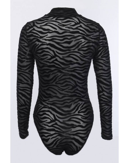 Black Zebra Mesh Mock Neck Long Sleeve Sexy Bodysuit