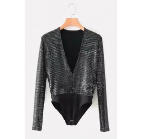 Black Sequin Plunging Long Sleeve Sexy Bodysuit
