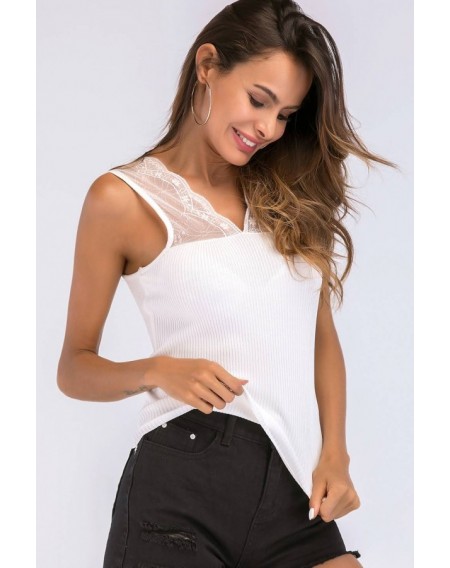 White Lace Splicing V Neck Ribbed Casual Tank Top