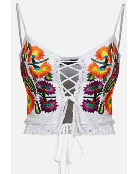 White Floral Embroidery Lace Up Shirred Back Sexy Cropped Camisole