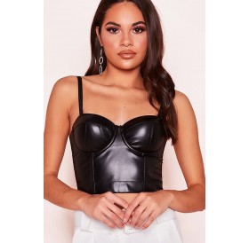 Black Faux Leather Spaghetti Straps Hook Back Sexy Camisole