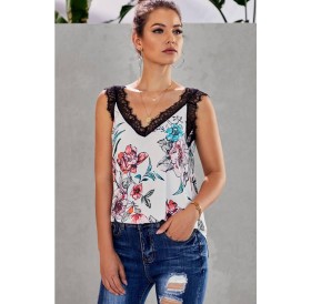 Red Floral Print Lace Splicing Casual Tank Top