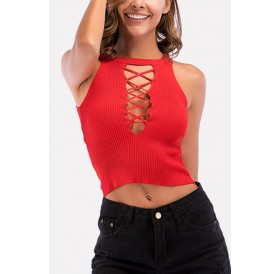 Red Caged Ribbed Crisscross Casual Short Tank Top