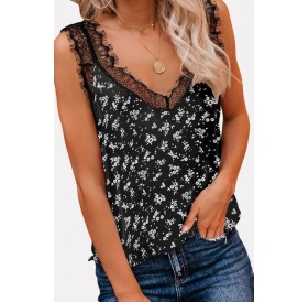 Black Floral Print Lace Splicing Casual Tank Top