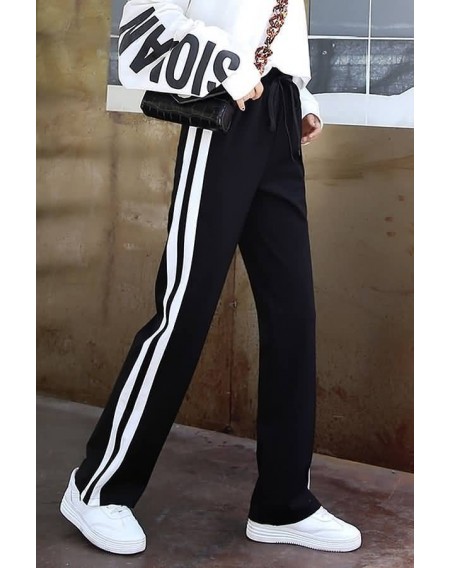 Black Contrast Stripe Drawstring Slit Casual Pants