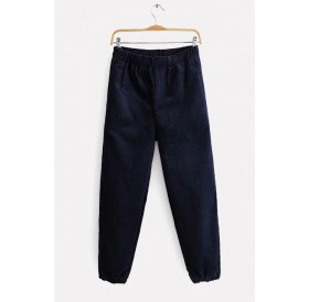 Dark-blue Corduroy Pocket Elastic Waist Casual Pants