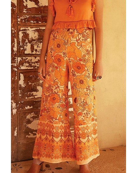 Orange Floral Print High Waist Casual Wide Leg Pants