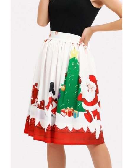 White Santa Claus Print Elastic Waist Christmas Skirt