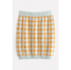 Orange Houndstooth Elastic Waist Chic Mini Sweater Skirt