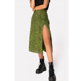 Light-green Leopard Slit Casual Midi Skirt