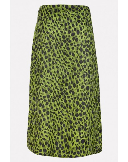 Light-green Leopard Slit Casual Midi Skirt