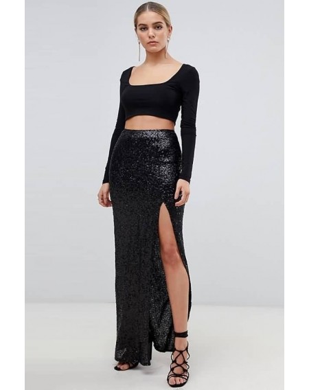 Black Sequins Slit High Waist Sexy Bodycon Maxi Skirt