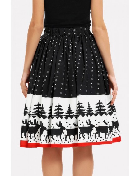 Black Elk Print Elastic Waist Christmas Skirt