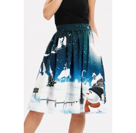 Multi Snowman Print Elastic Waist Christmas Skirt
