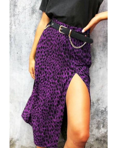 Purple Leopard Slit Casual Midi Skirt