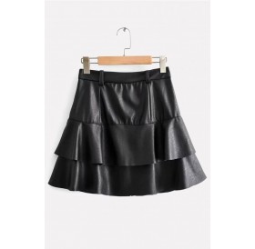 Black Faux Leather Layered Ruffles Casual Skirt
