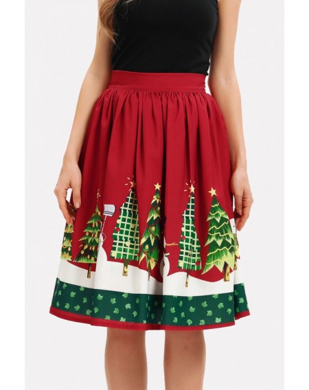 Dark-red Snowman Print Elastic Waist Christmas Skirt