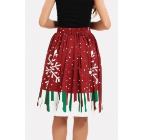 Dark-red Santa Claus Print Elastic Waist Christmas Skirt