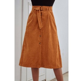 Brown Corduroy Button Up Belt High Waist Casual Skirt