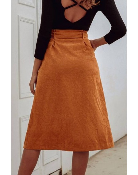 Brown Corduroy Button Up Belt High Waist Casual Skirt