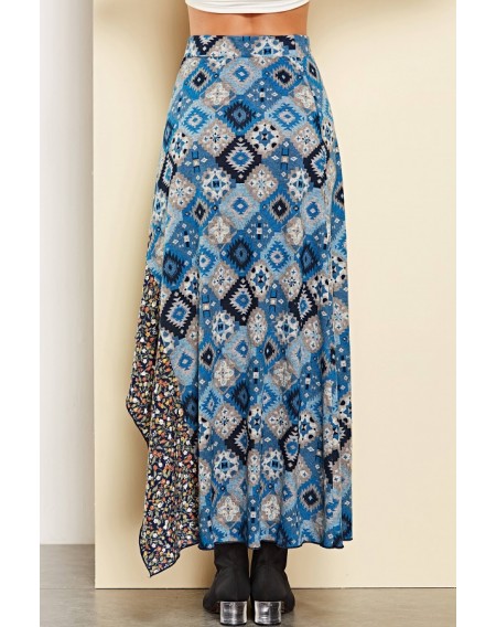 Blue Geometric Print Splicing Casual Skirt