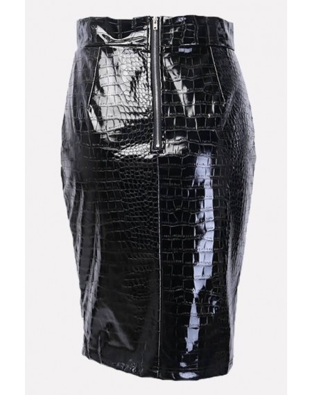 Black Pu Crocodile Slit Zipper Back Sexy Bodycon Skirt
