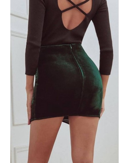 Dark-green Velour High Waist Casual Tulip Skirt