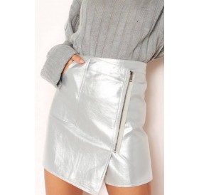 Silver Pocket Zipper Up High Waist Casual Skirt