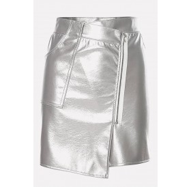 Silver Pocket Zipper Up High Waist Casual Skirt