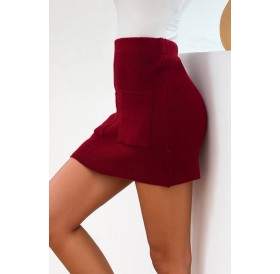 Dark-red Pocket Elastic Waist Casual Bodycon Sweater Skirt
