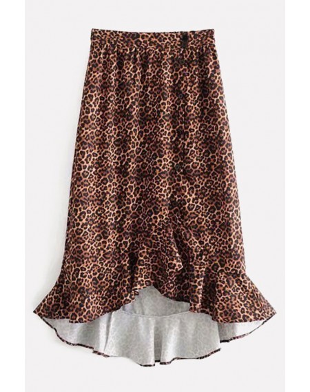 Brown-leopard Leopard Ruffles Hem Casual Mermaid Skirt