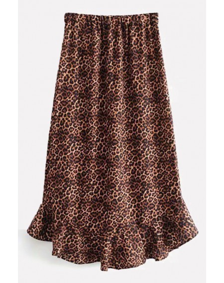 Brown-leopard Leopard Ruffles Hem Casual Mermaid Skirt