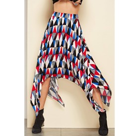 Red Geometric Print Asymmetric Hem Casual Skirt