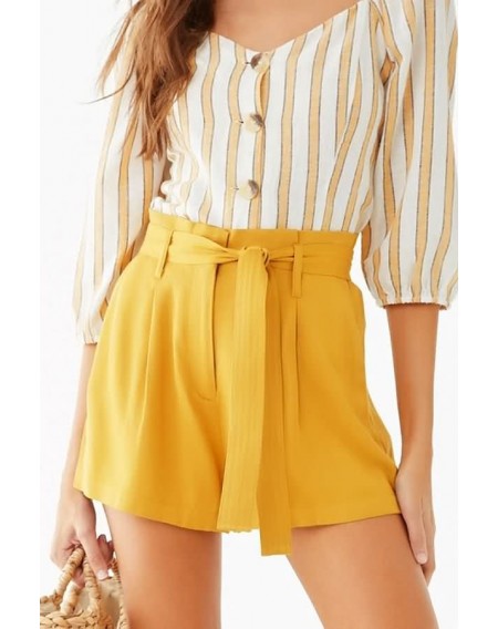 Yellow Pocket Tied Waist Casual Shorts