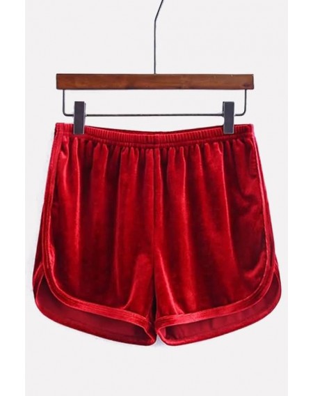 Red Elastic High Waist Active Velvet Shorts