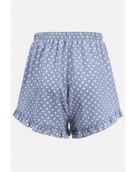 Light-blue Polka Dot Drawstring Ruffles Trim Casual Shorts