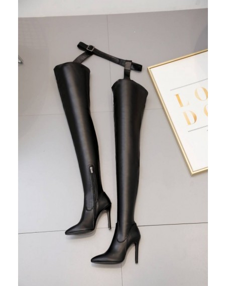 Black Zipper Up Pointed Toe Stiletto Heel Thigh-high Boots