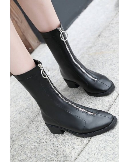 Black Zipper Up Square Toe Chunky Heel Mid-calf Boots